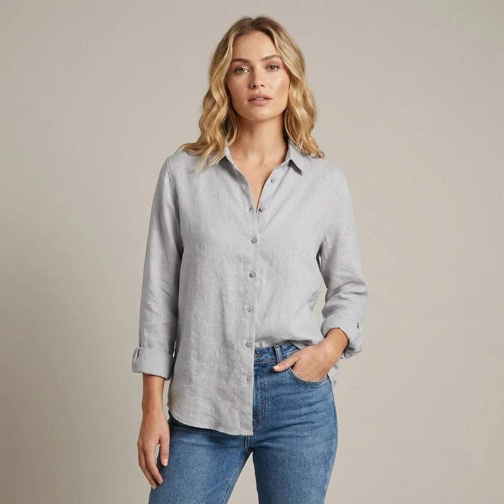 Women's Linen-Look Button Shirt - Lightweight Long-Sleeve Blouse - Liora