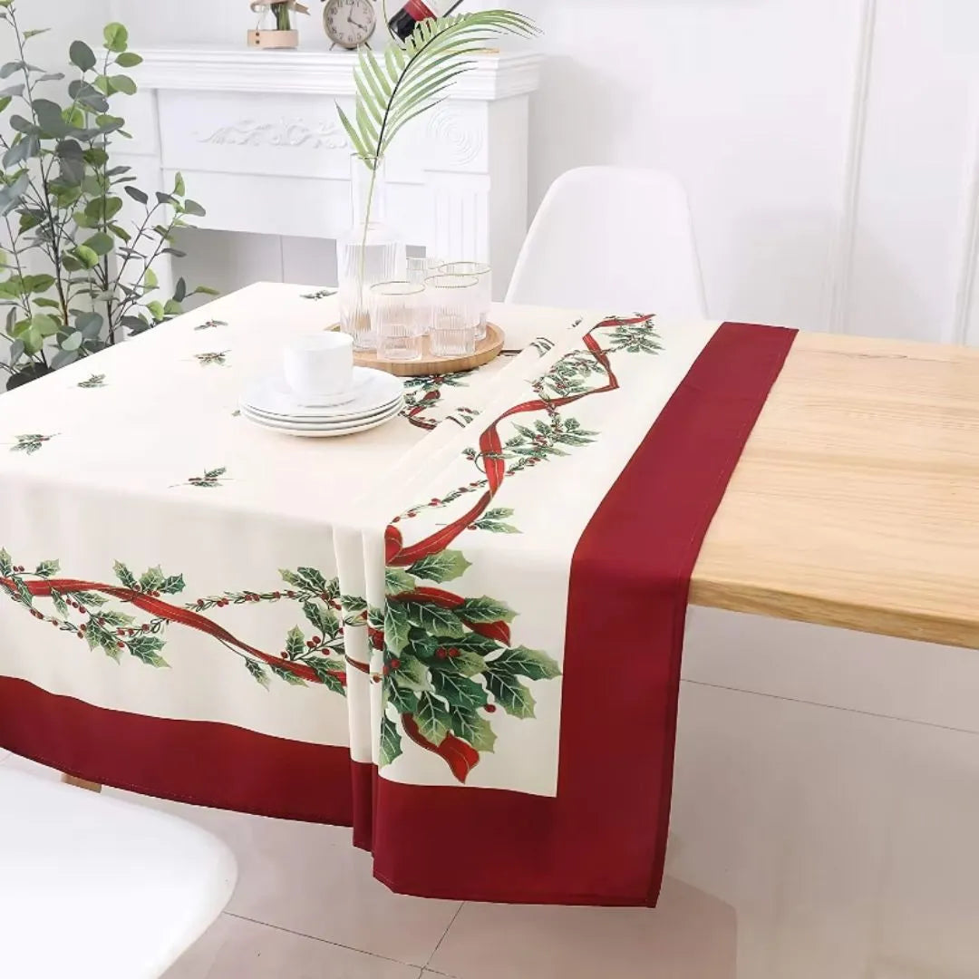 Holly Leaf and Berry Waterproof Christmas Tablecloth Dining Decor - Detail 3 - Envilune Luxury Christmas Decor