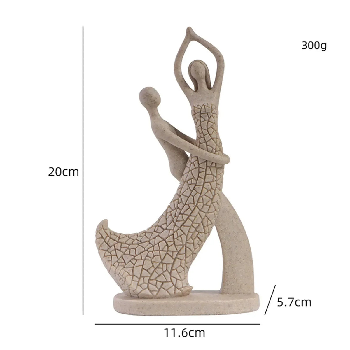Beige dancing couple sculpture with a diagram showing 20 cm height, 11.6 cm width and 5.7 cm depth