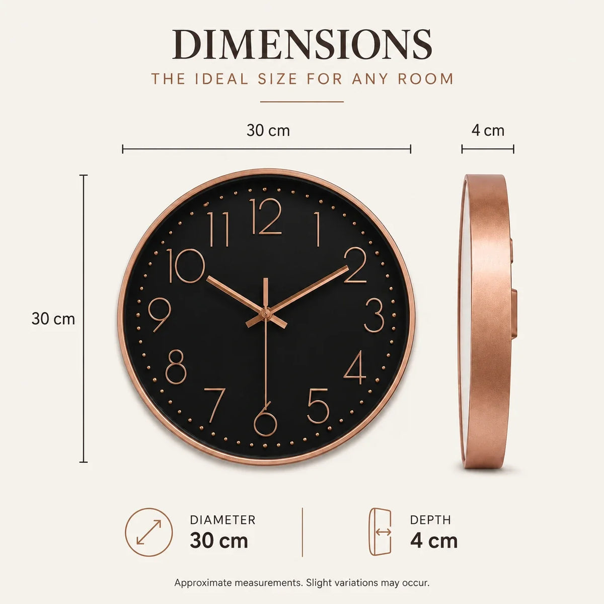 Valentino Black & Rose 30cm black wall clock, size guide, 30 cm diameter