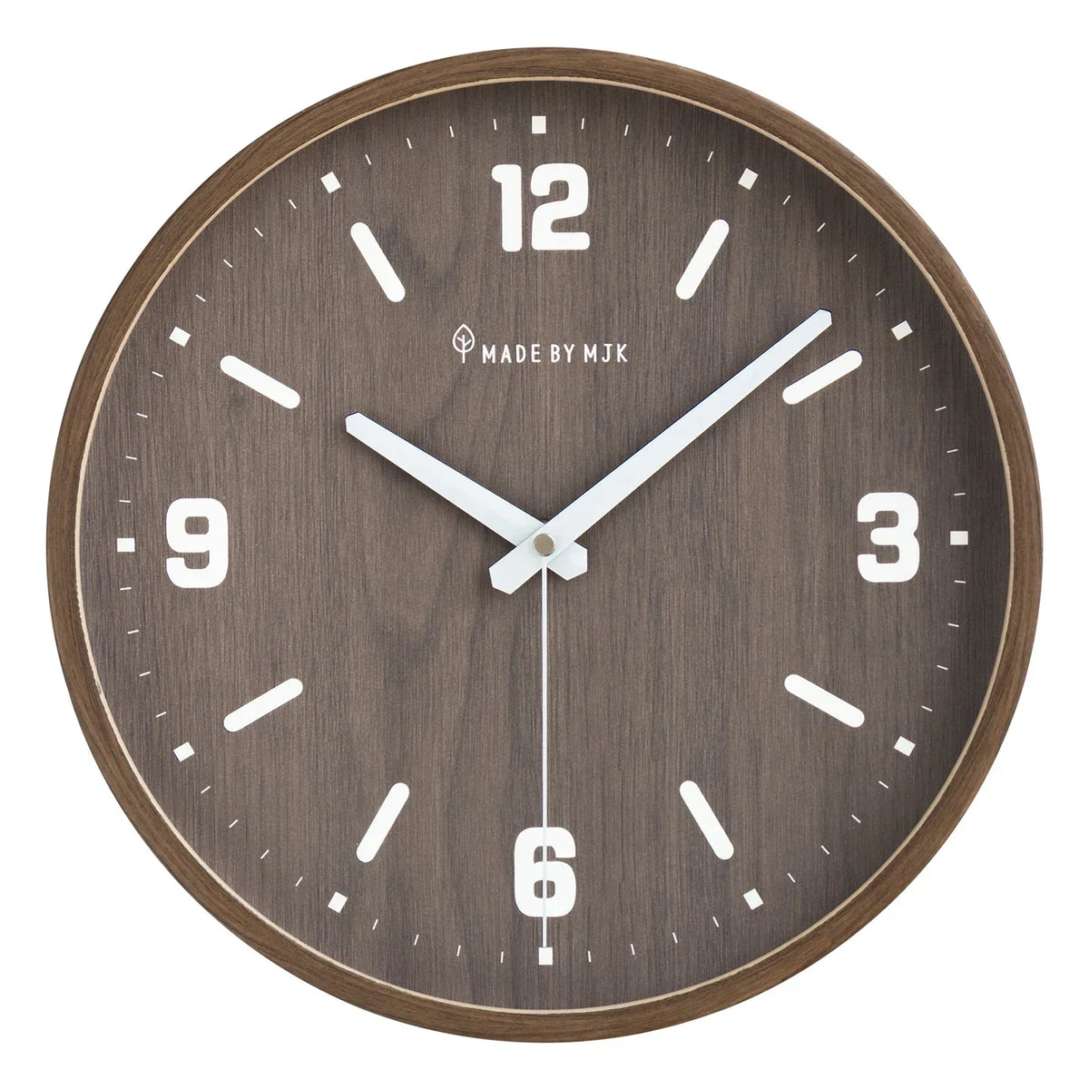 Brown-dial wall clock with a matching rim, white hands and white numerals against white.