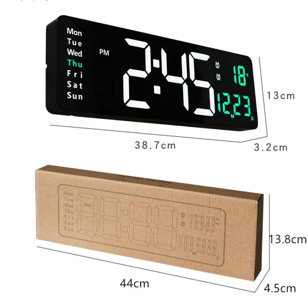 Digital LED wall clock with remote, White & Green, size guide, 38.7 × 3.2 × 13 cm
