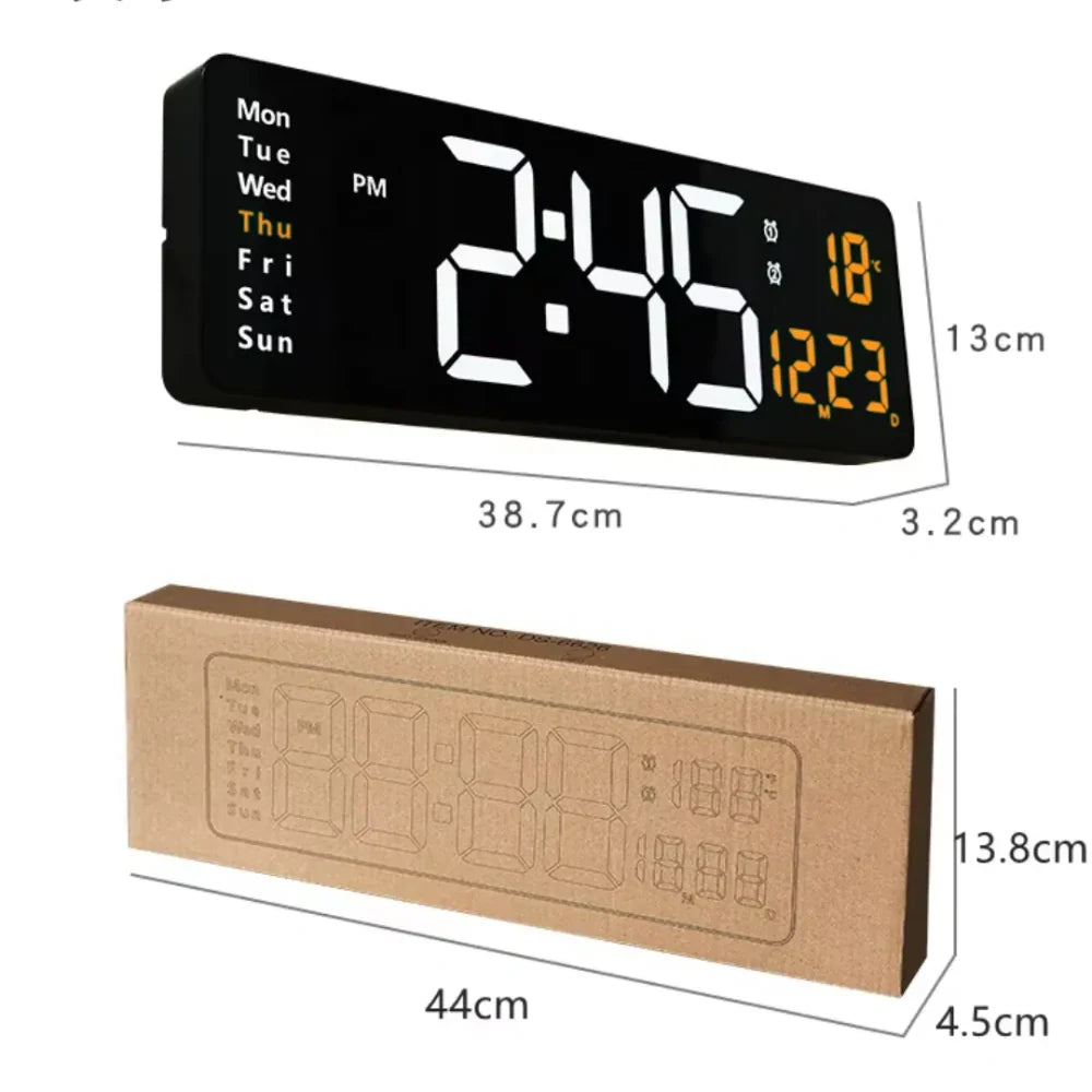 Digital LED wall clock with remote, White & Orange, size guide, 38.7 × 3.2 × 13 cm