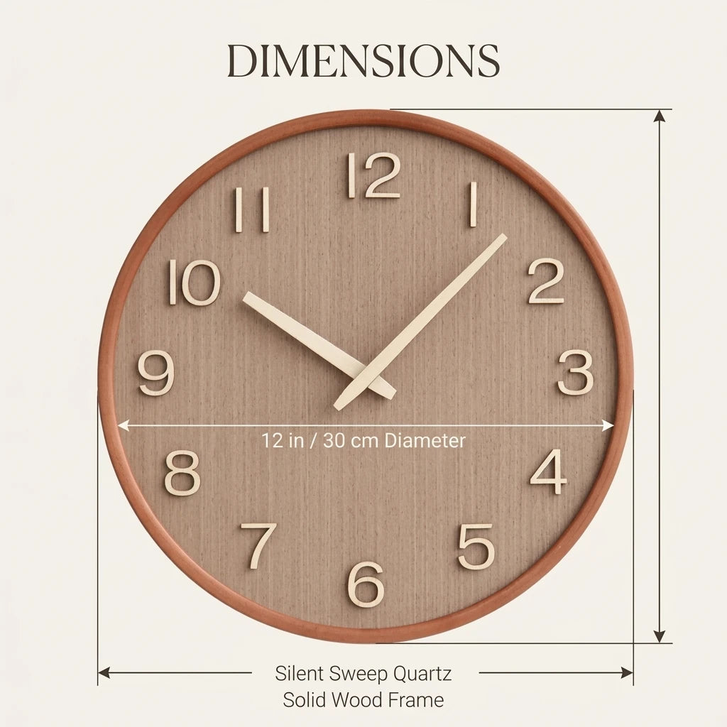 Envilune 30cm Cremona Dark Wood Silent Quartz Wall Clock - Dimensions and Specifications Guide