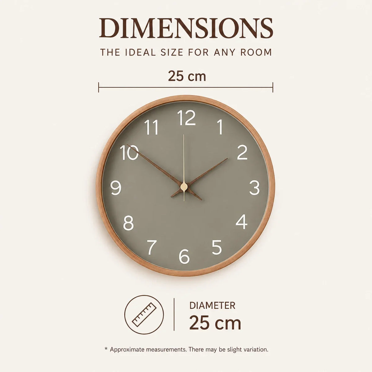 Milano Gray 25cm grey wall clock, size guide, 25 cm diameter