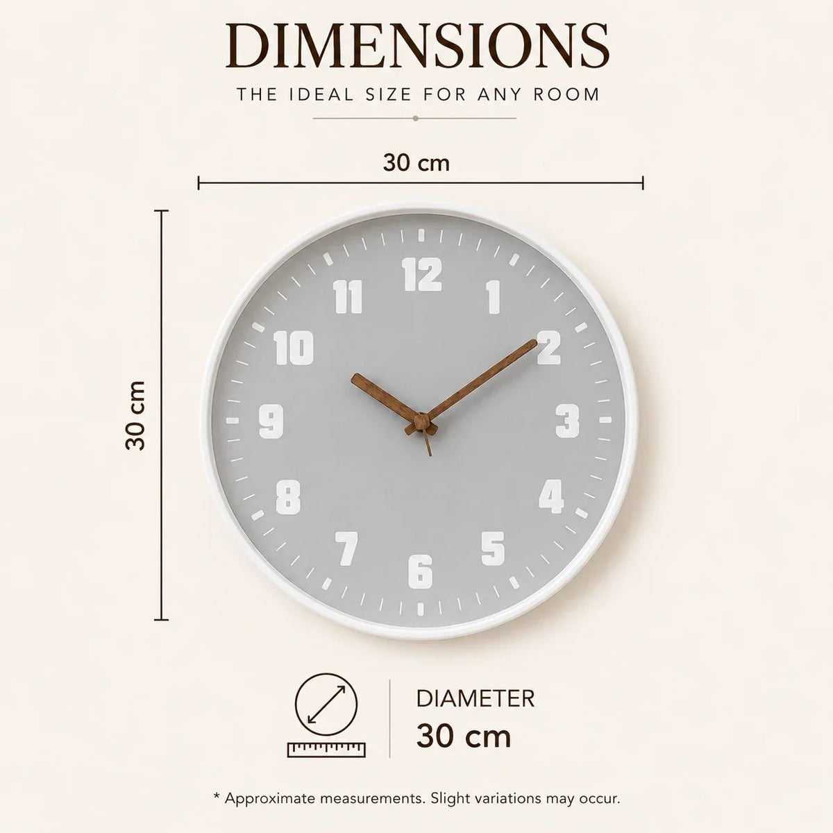 Verona Grey 30cm grey wall clock, size guide, 30 cm diameter