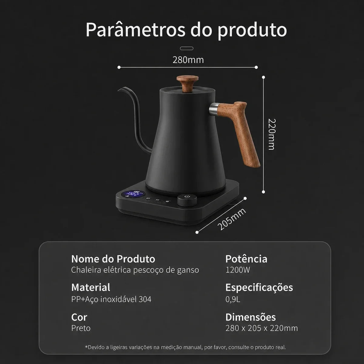 Milano Electric Gooseneck Kettle – Black, Temperature Control – dimensions and specifications