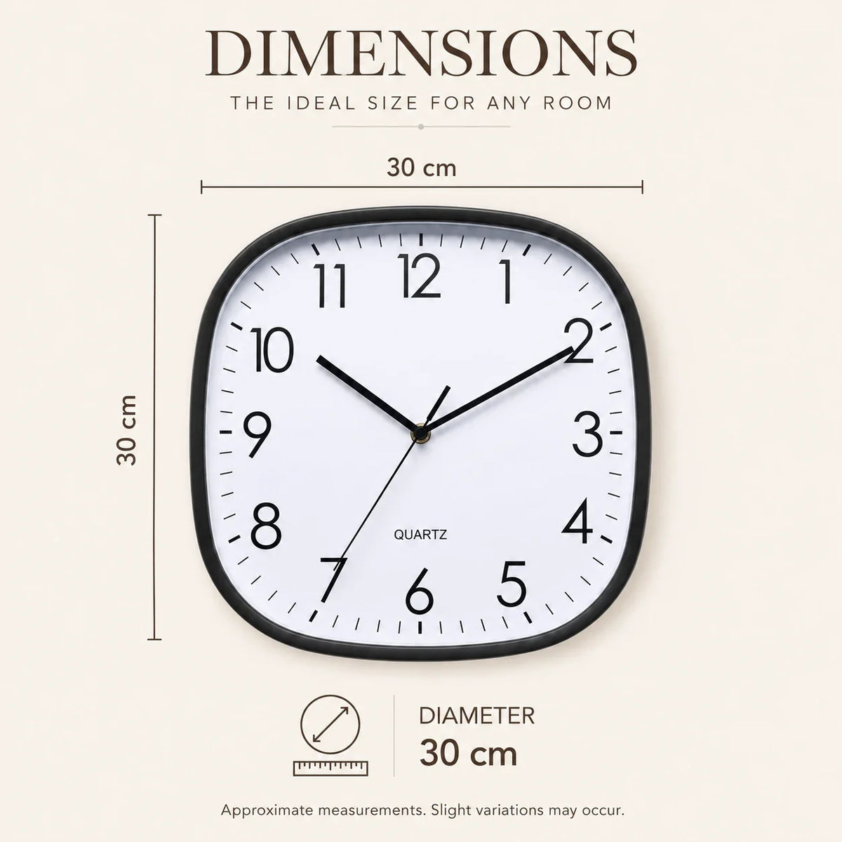 Torino Black 30cm square wall clock, size guide, 30 cm side length