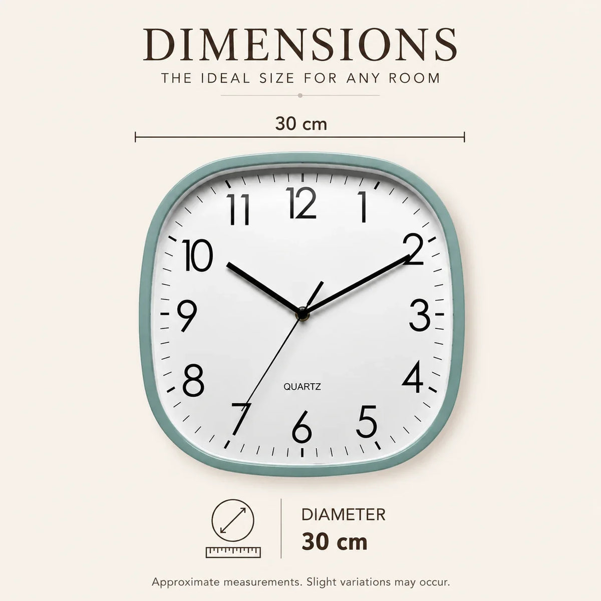 Torino Green 30cm square wall clock, size guide, 30 cm side length
