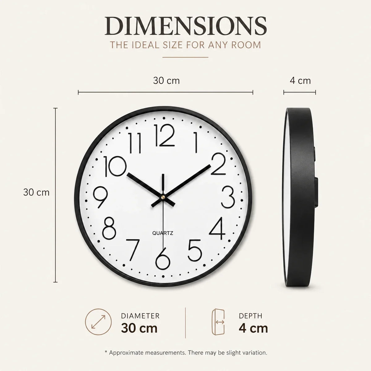 Valentino White & Black 30cm white wall clock, size guide, 30 cm diameter