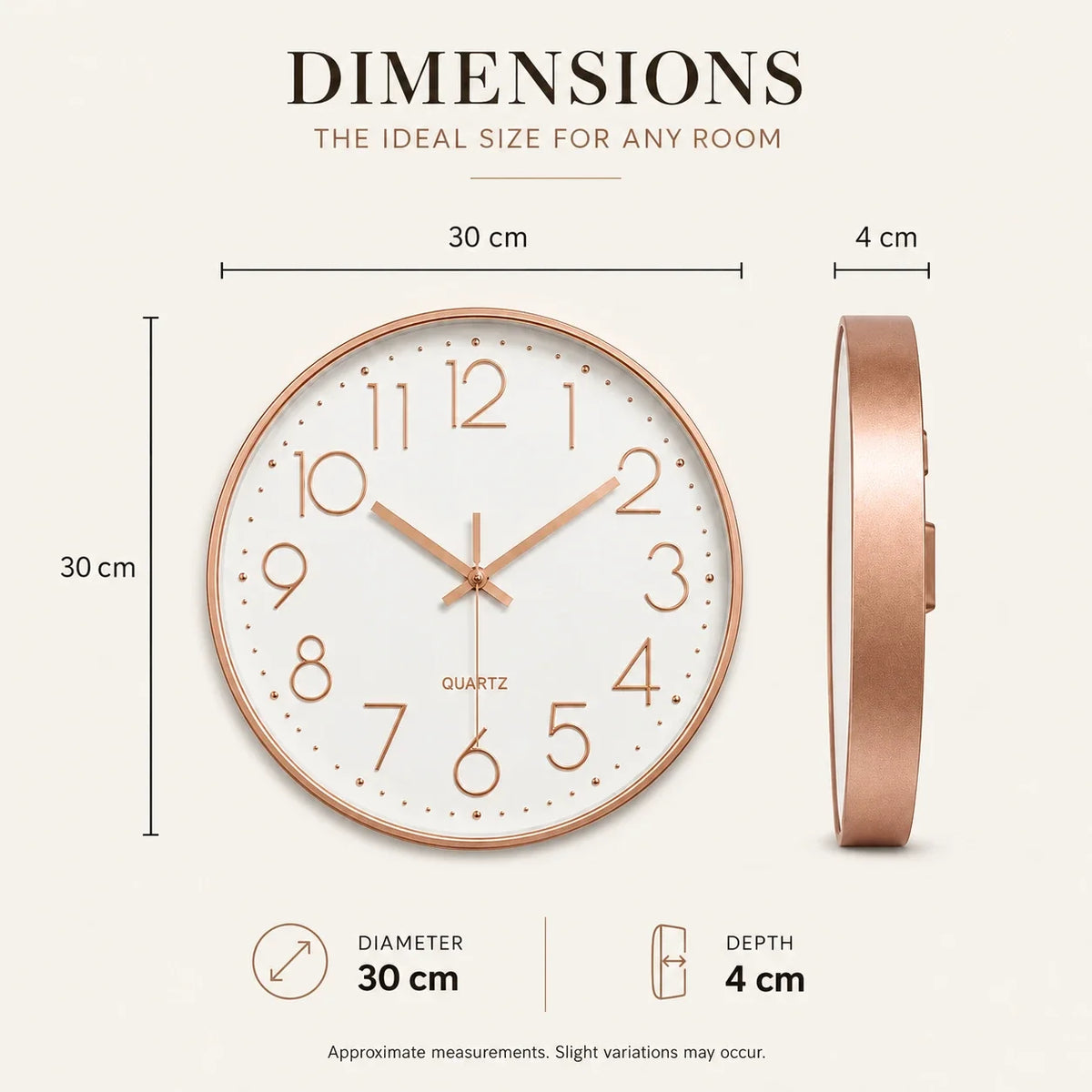 Valentino White & Rose 30cm white wall clock, size guide, 30 cm diameter