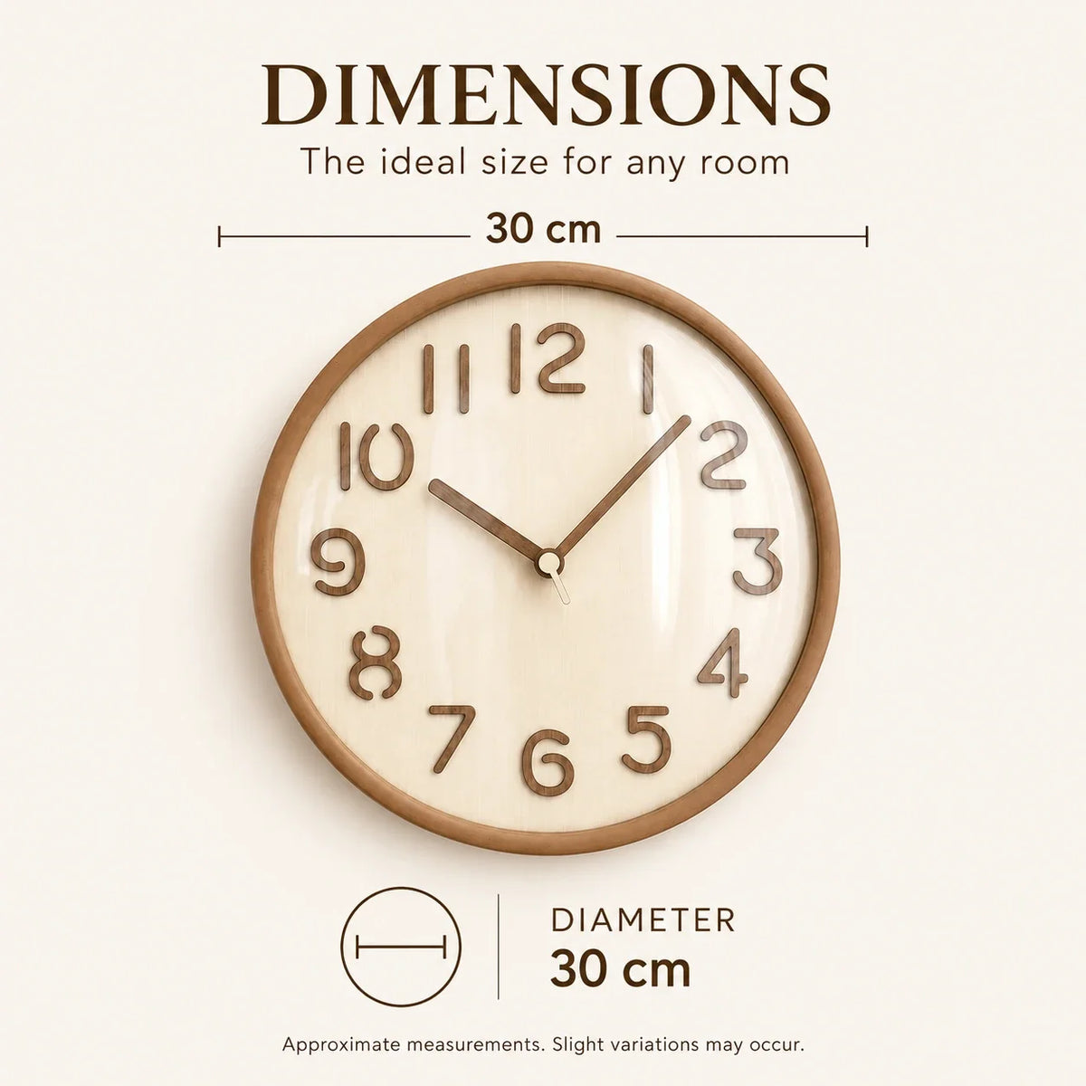 Napoli Light Wood Pattern B 30cm wooden wall clock, size guide, 30 cm diameter