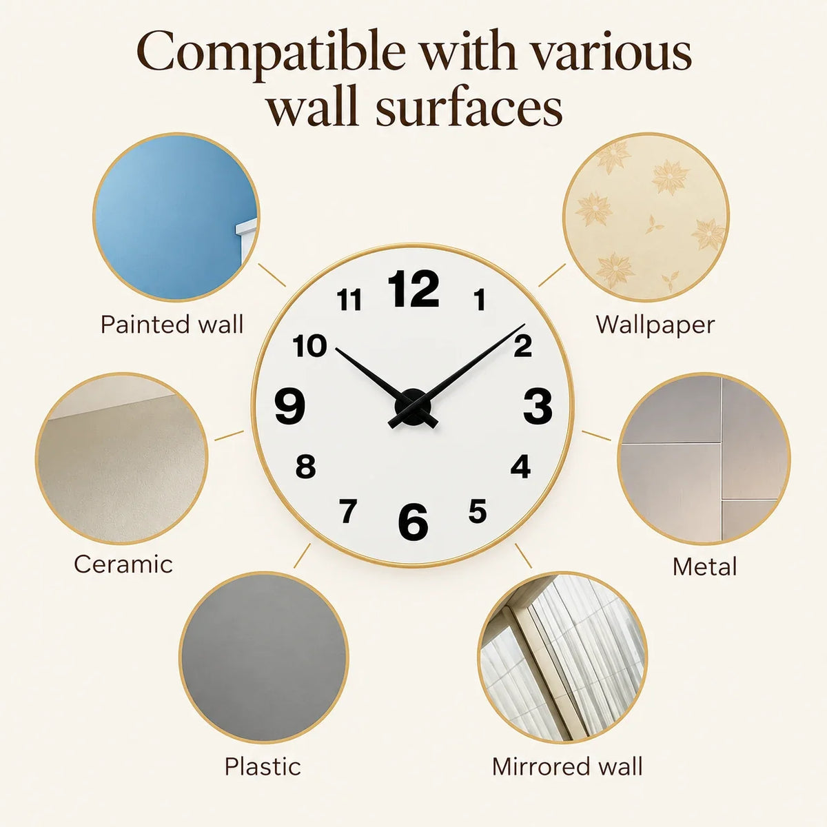 Black 3D acrylic silent wall clock, suitable surfaces: painted, ceramic, plastic, mirrored, metal and wallpaper