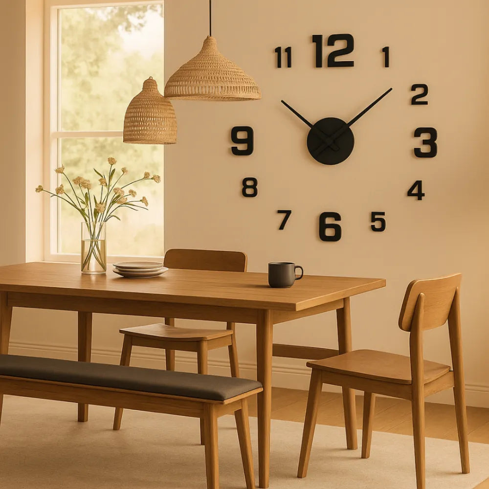 Black 3D acrylic silent wall clock, on a dining room wall