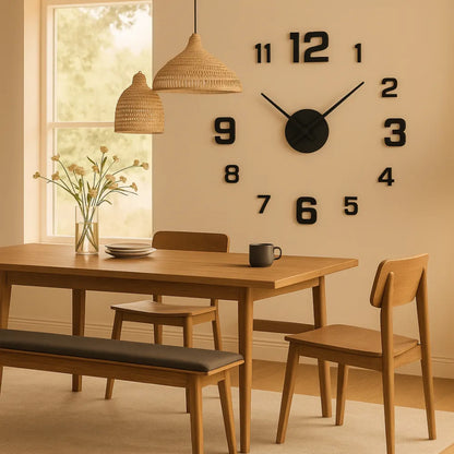 Black 3D acrylic silent wall clock, on a dining room wall
