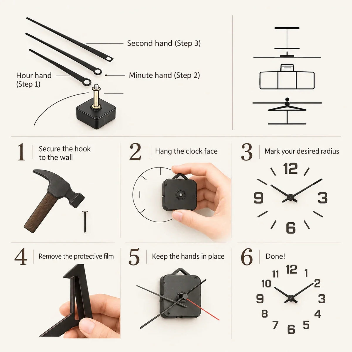 Black 3D acrylic silent wall clock, installation steps