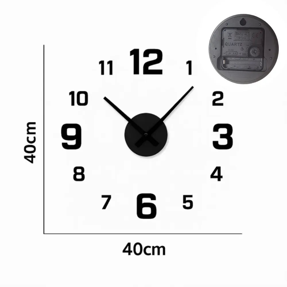 Black 3D acrylic silent wall clock, size guide, 40 cm