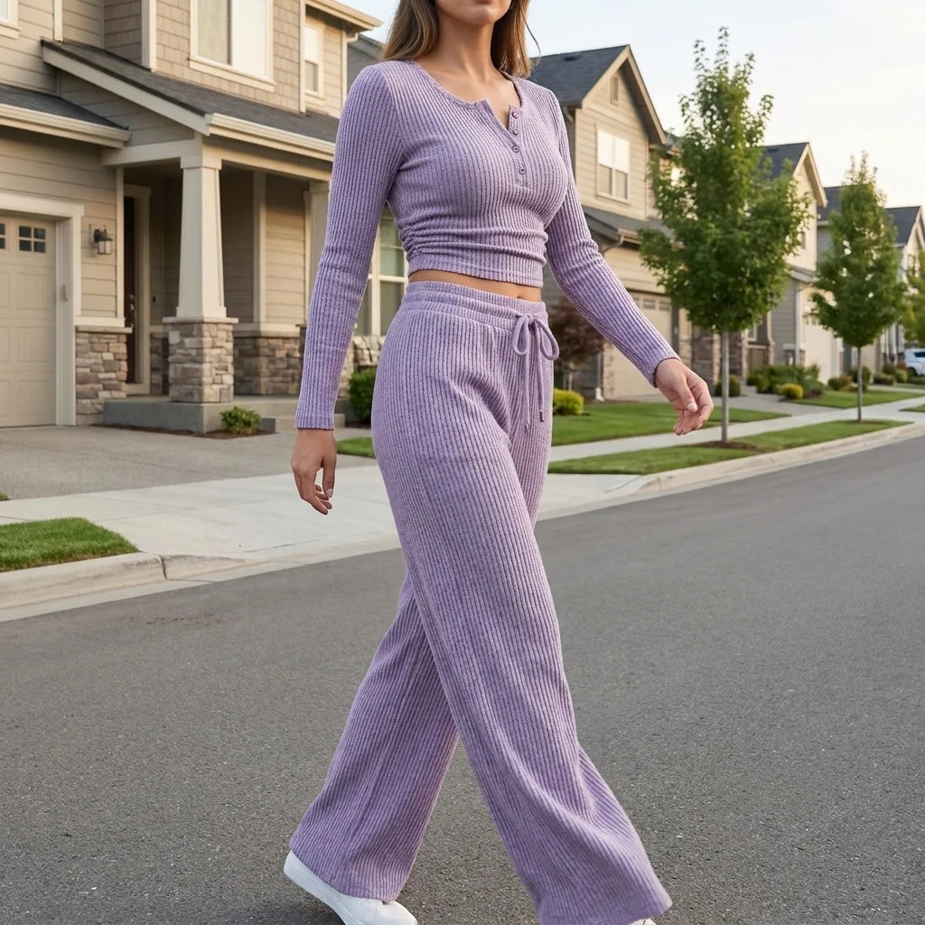 Aveline Ribbed Lounge Set – button-front detail