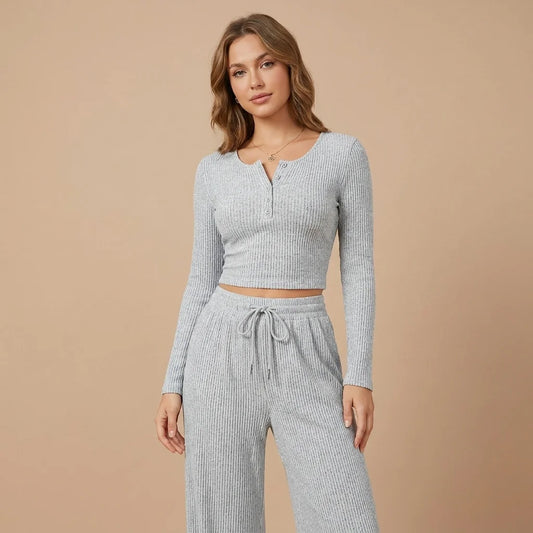 Aveline Ribbed Lounge Set – button-front top with matching long pants for a coordinated look th