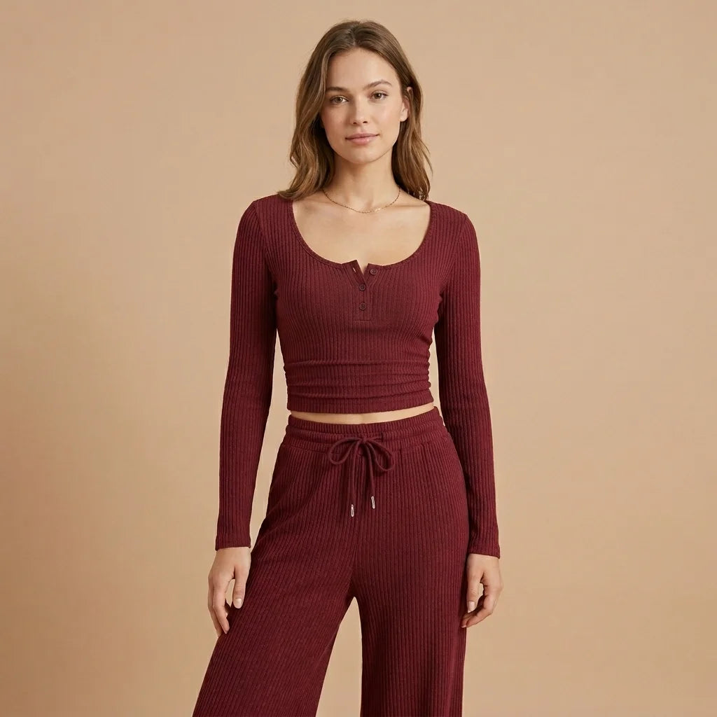 Aveline Ribbed Lounge Set – button-front top with matching long pants for a coordinated look th