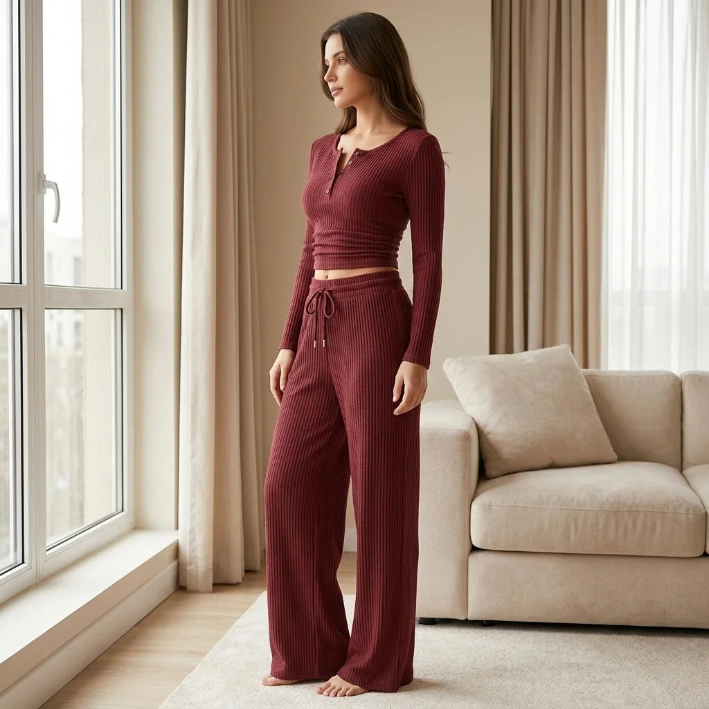 Aveline Ribbed Lounge Set – button-front top with matching long pants for a coordinated look th