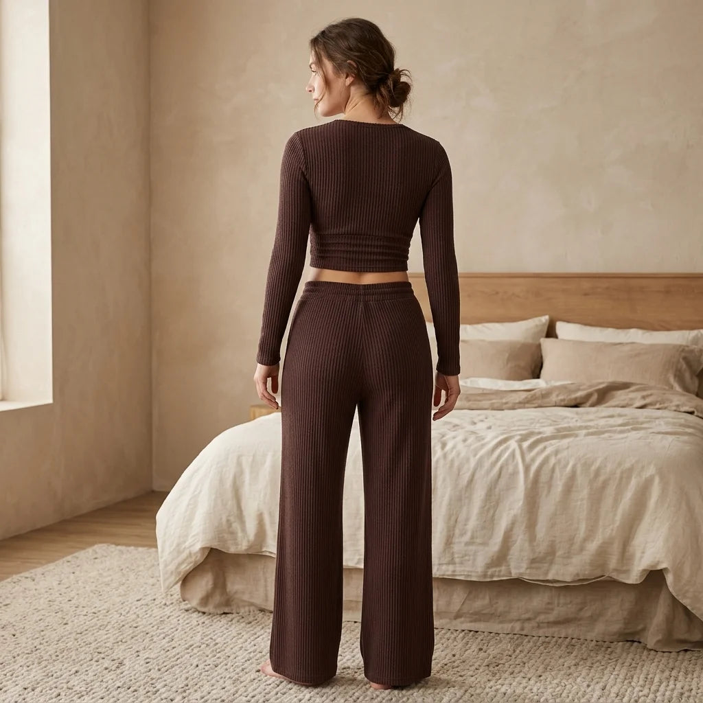 Aveline Ribbed Lounge Set – button-front detail