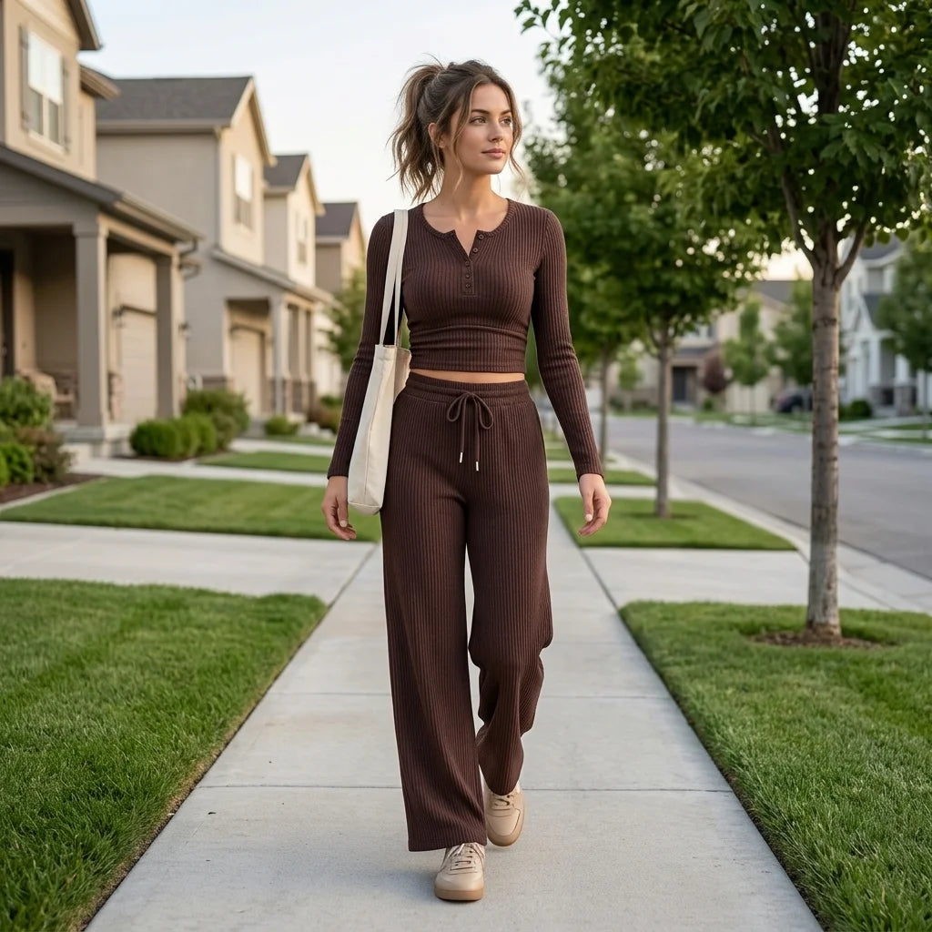 Aveline Ribbed Lounge Set – button-front top with matching long pants for a coordinated look th