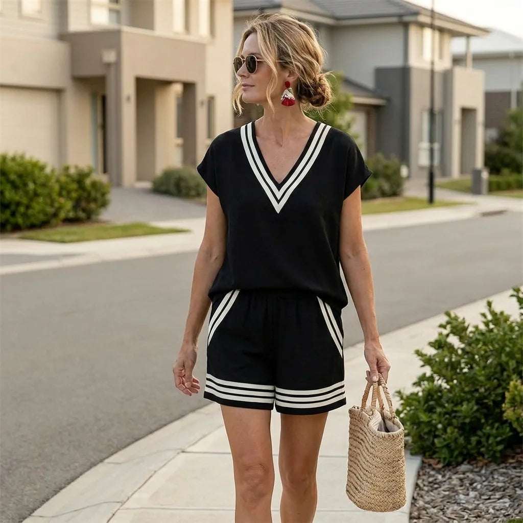 Averie Striped Resort Lounge Set – batwing sleeves