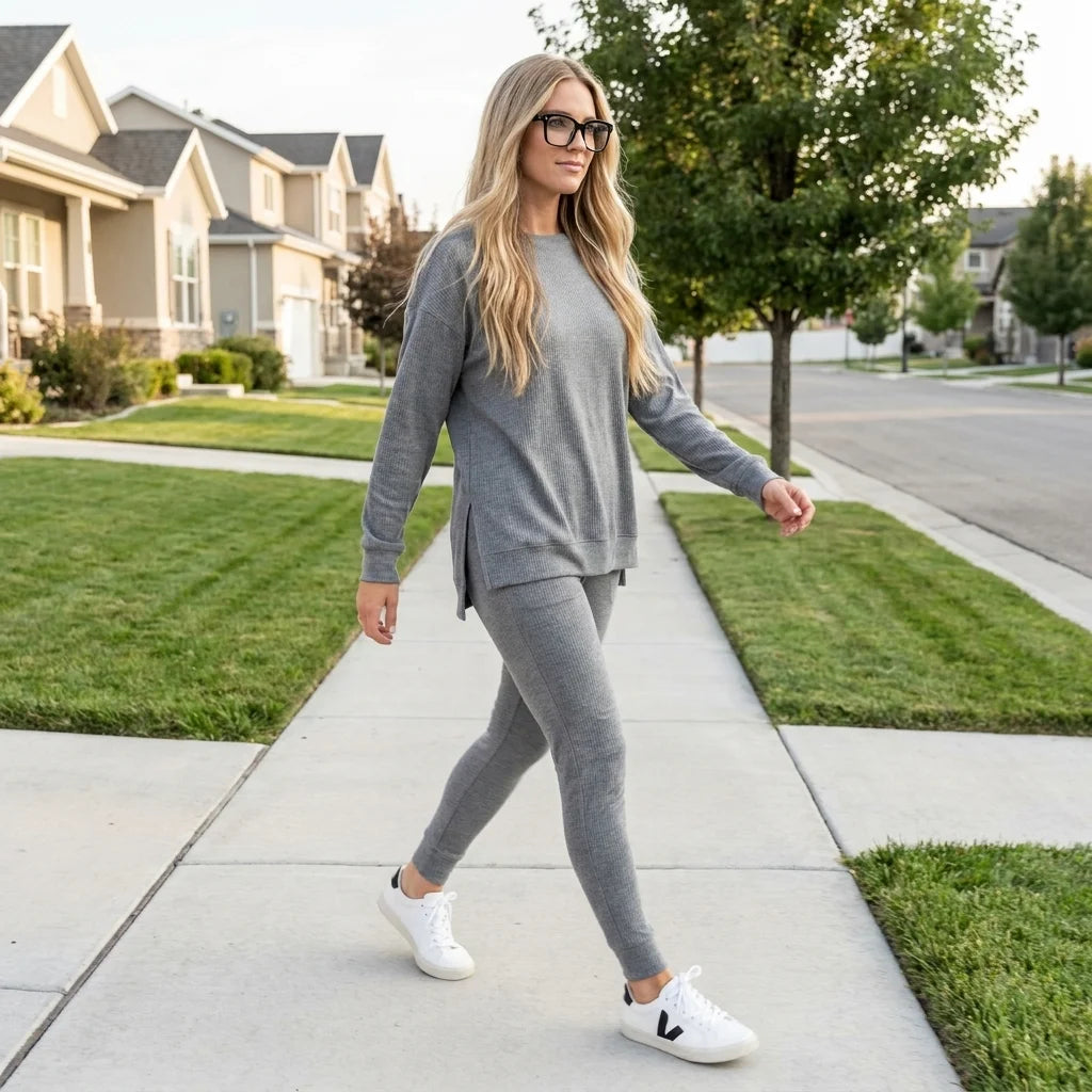 Cavelle Split-Hem Lounge Set – round neckline