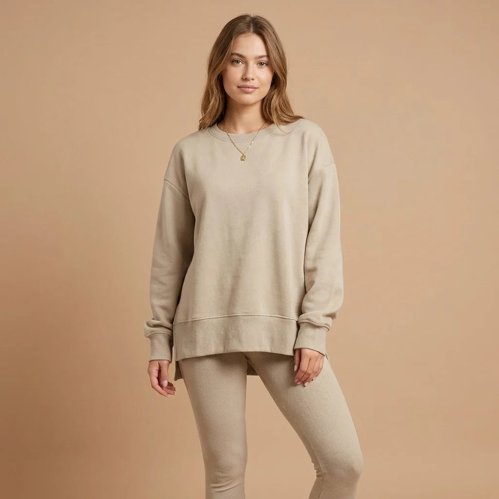 Cavelle Split-Hem Lounge Set – round neckline