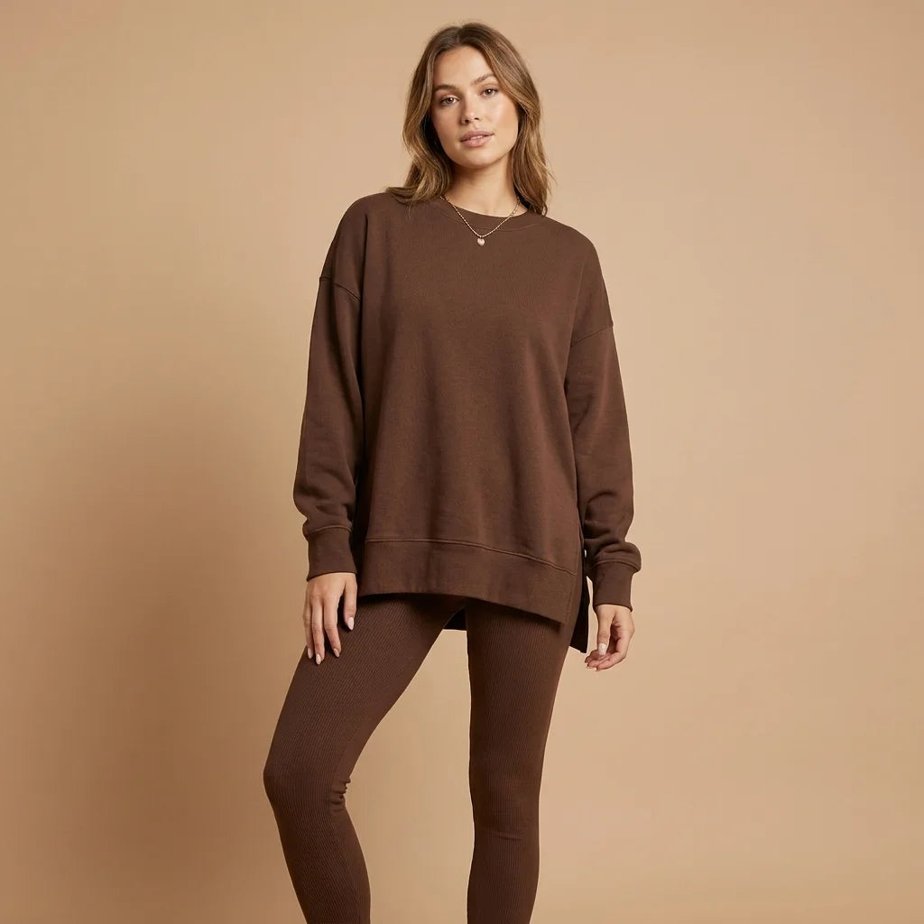 Cavelle Split-Hem Lounge Set – round neckline