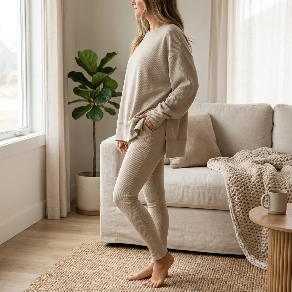 Cavelle Split-Hem Lounge Set – round neckline