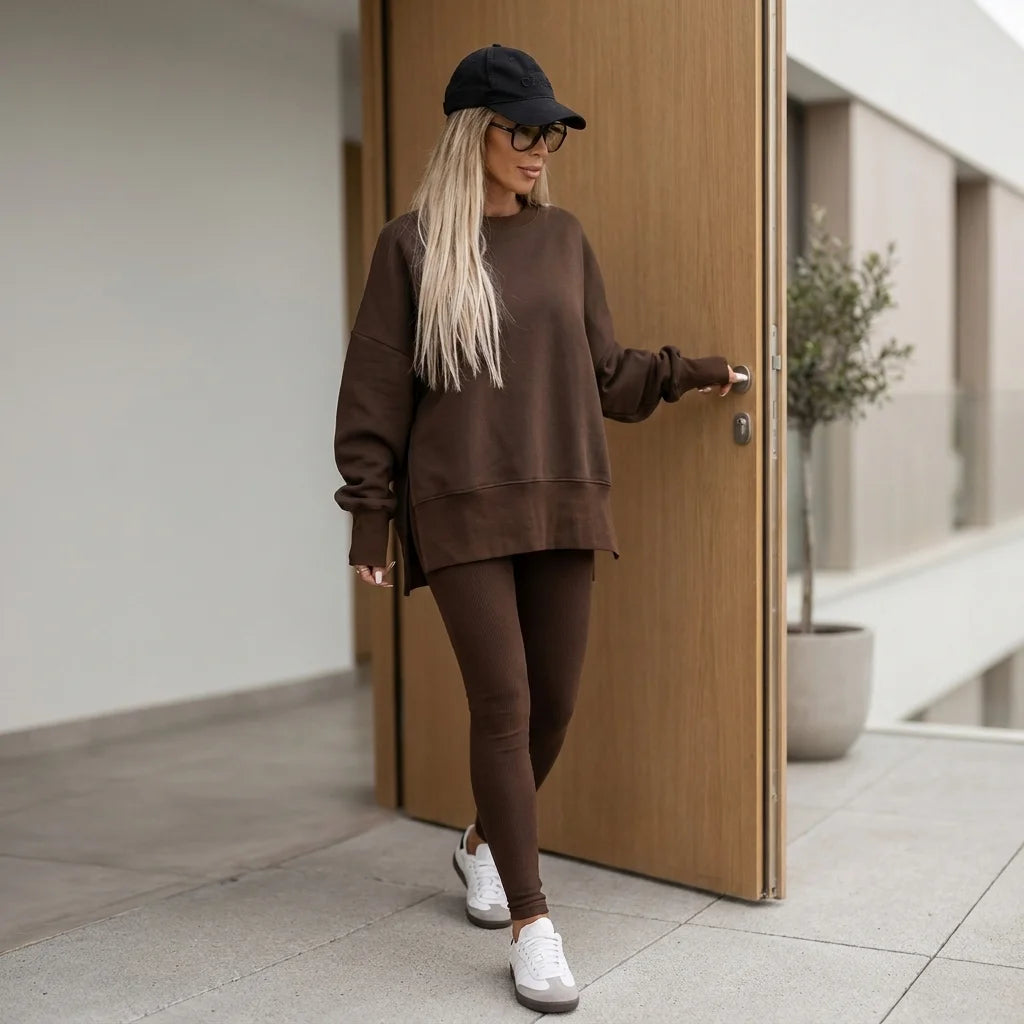 Cavelle Split-Hem Lounge Set – round neckline