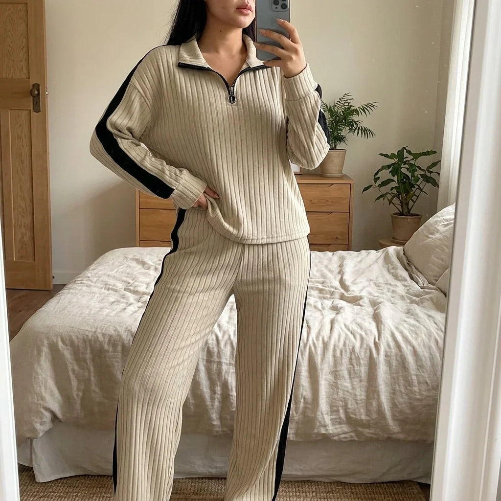 Ivora Half-Zip Lounge Set – ribbed texture