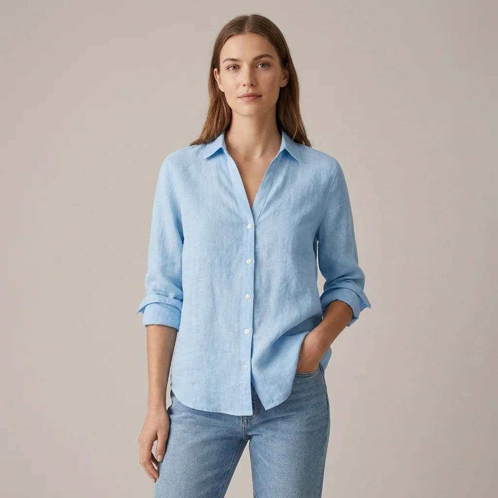 Women's Linen-Look Button Shirt - Lightweight Long-Sleeve Blouse - Liora