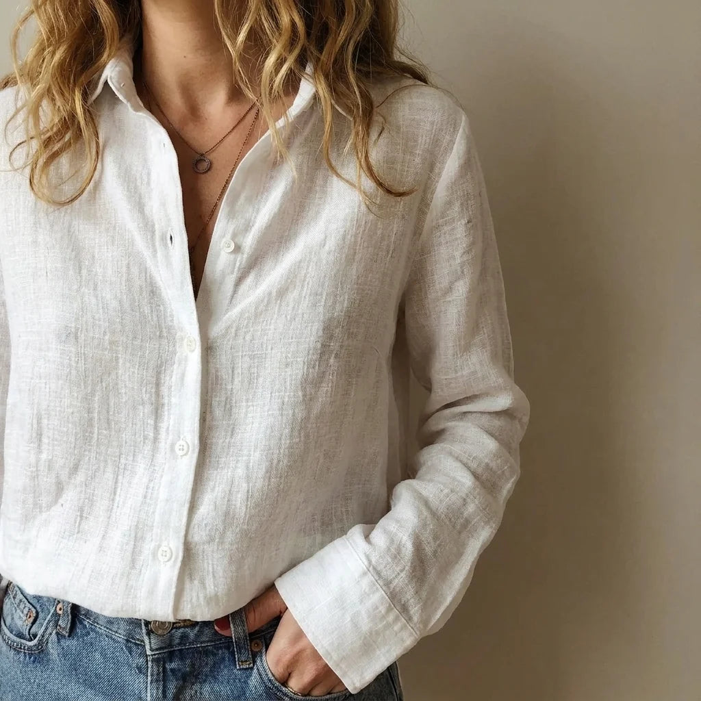 Women's Linen-Look Button Shirt - Lightweight Long-Sleeve Blouse - Liora