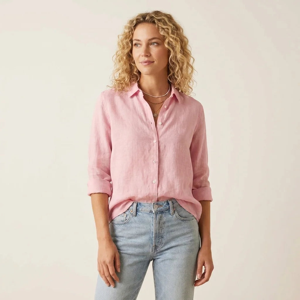 Women's Linen-Look Button Shirt - Lightweight Long-Sleeve Blouse - Liora