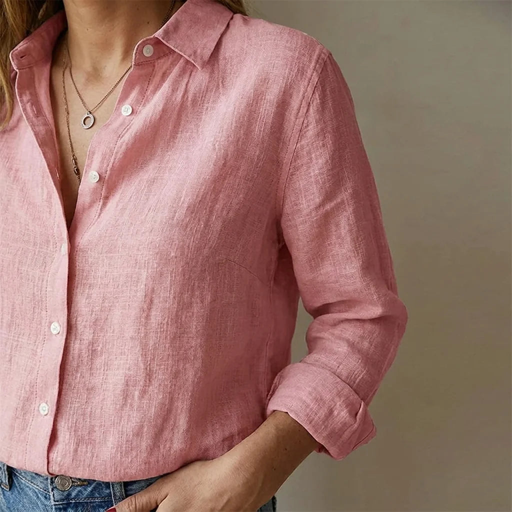Women's Linen-Look Button Shirt - Lightweight Long-Sleeve Blouse - Liora