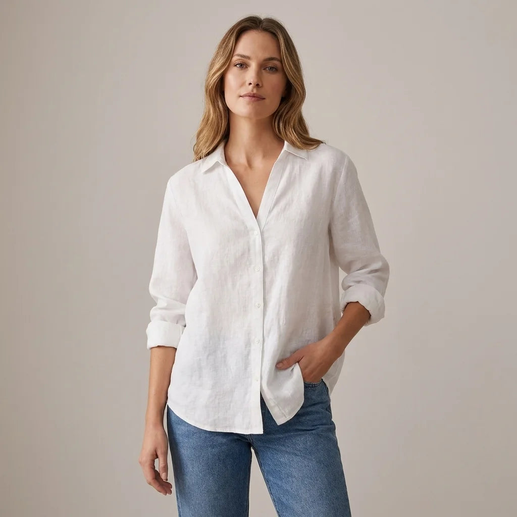 Women's Linen-Look Button Shirt - Lightweight Long-Sleeve Blouse - Liora