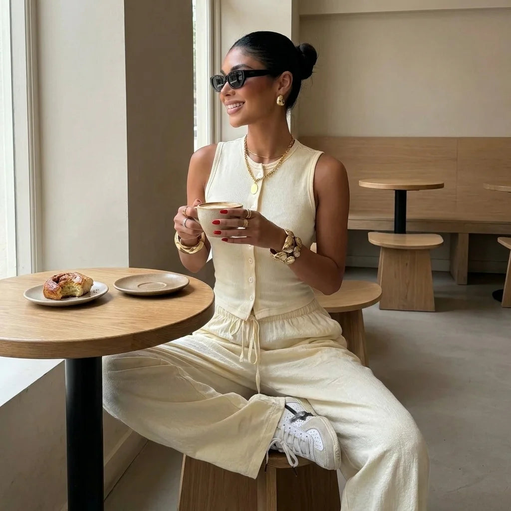 Woman wearing the Butter Cream Lunelle set while seated at a café