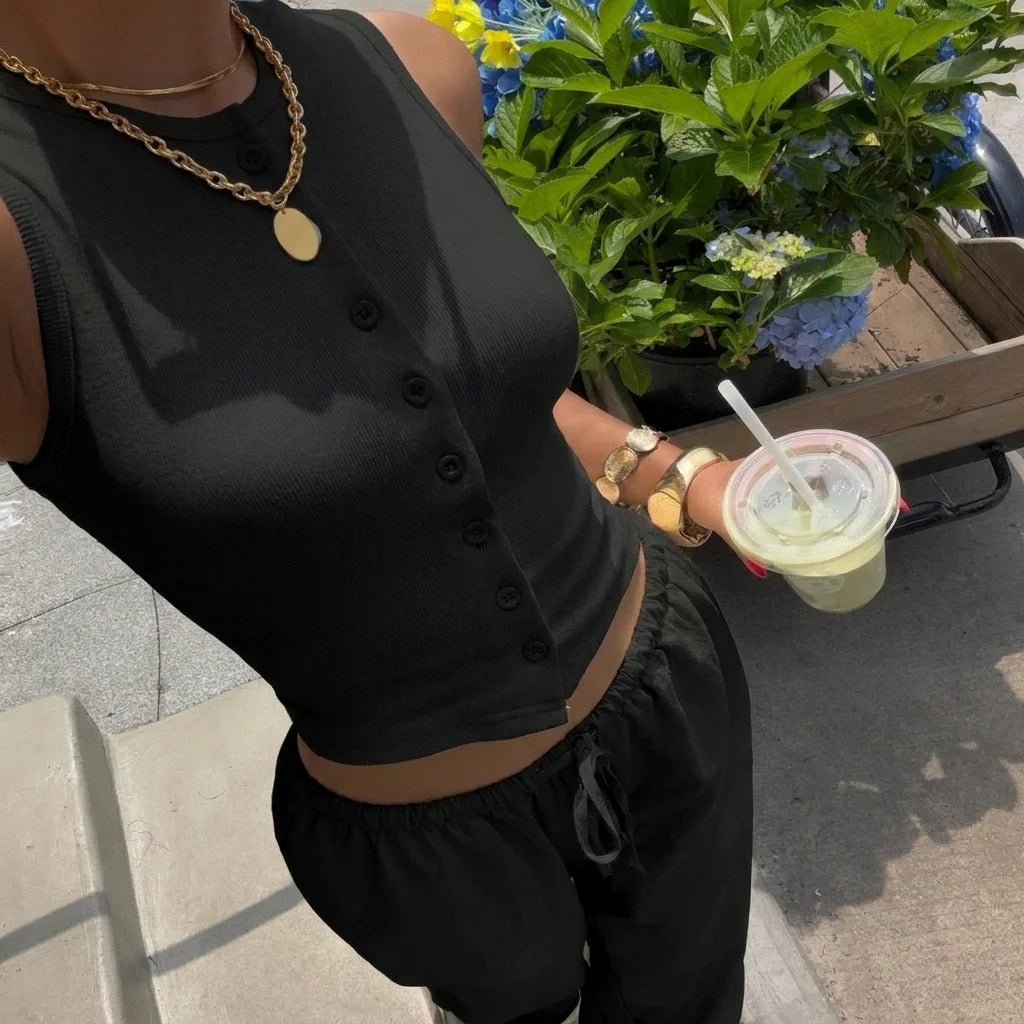 Close-up of the Classic Black Lunelle button-front top and drawstring pants