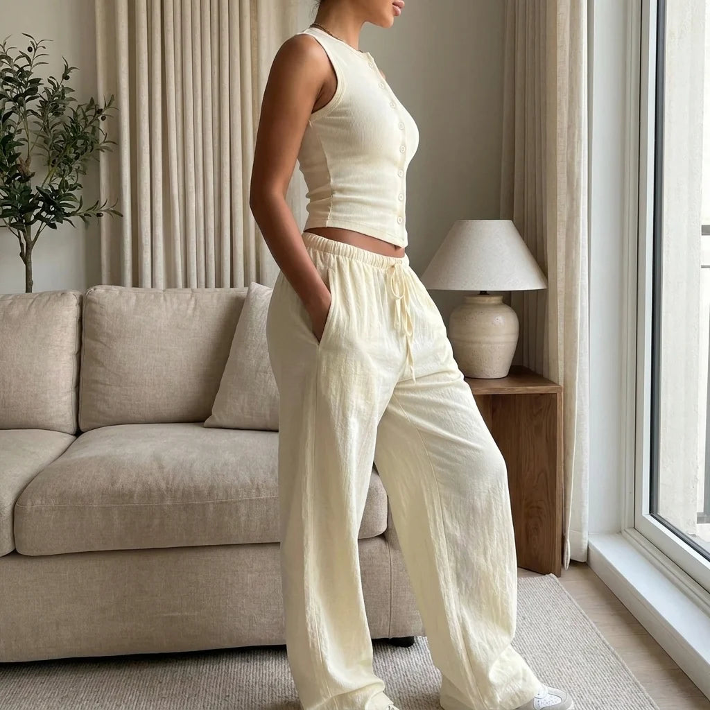 Lunelle Butter Cream fitted button-front top and relaxed pants, side view