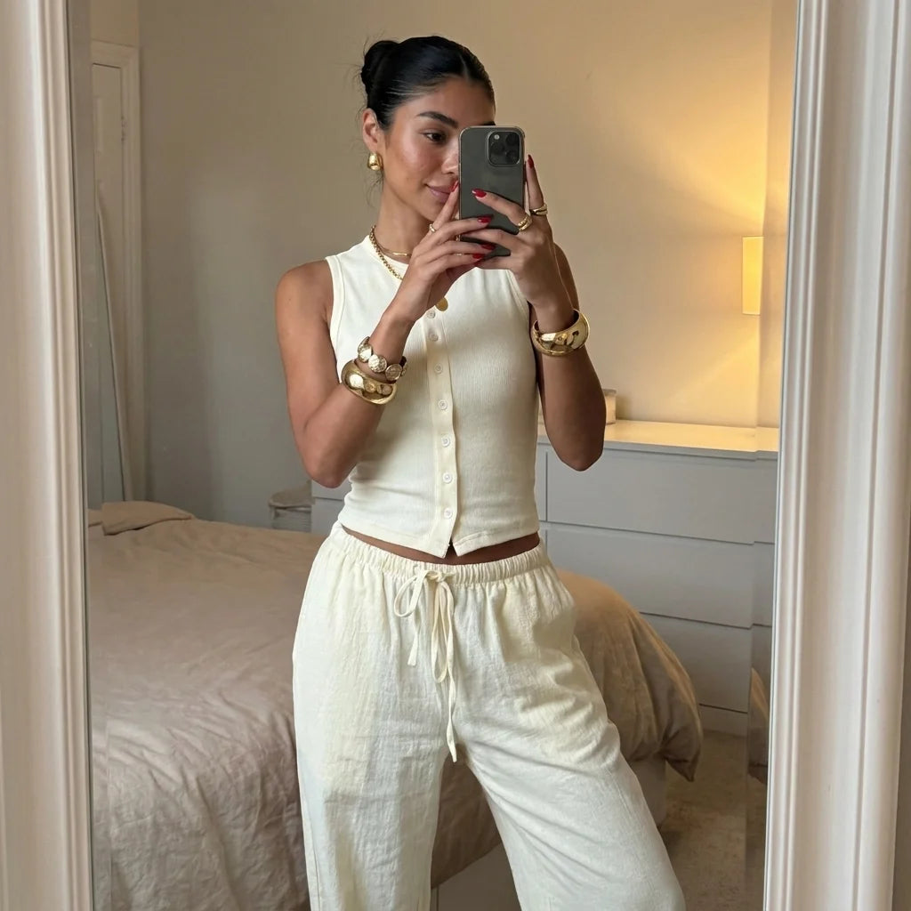 Mirror selfie showing the Lunelle Cotton Lounge Set in Butter Cream