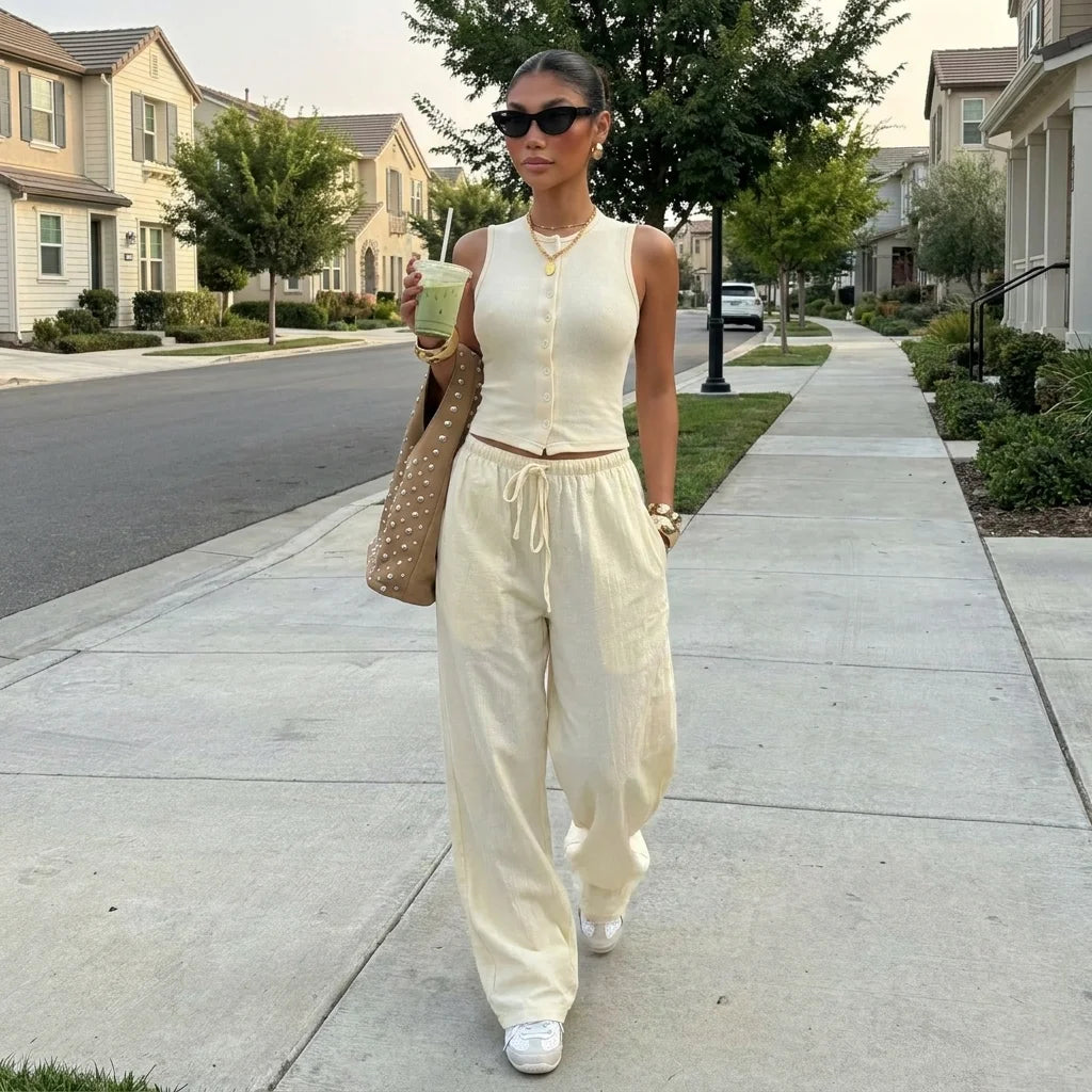 Woman walking outdoors in the Butter Cream Lunelle set with an iced drink