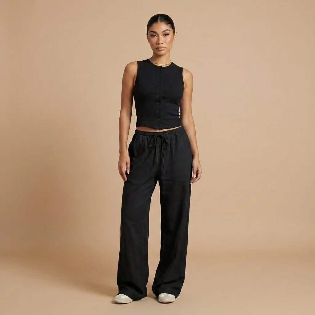 Woman wearing the Lunelle Cotton Lounge Set in Classic Black, front studio view