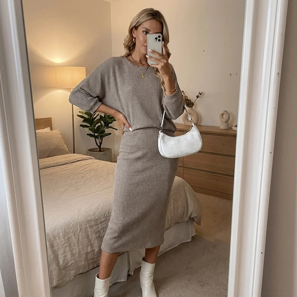 Maelle Ribbed Skirt Lounge Set – batwing sleeves