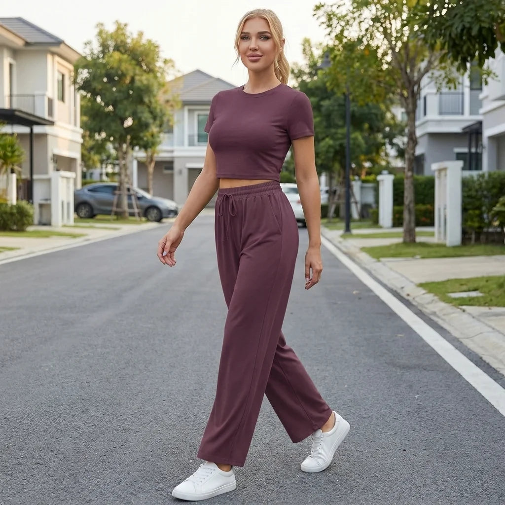 Mavelle Soft Wide-Leg Lounge Set – round neckline