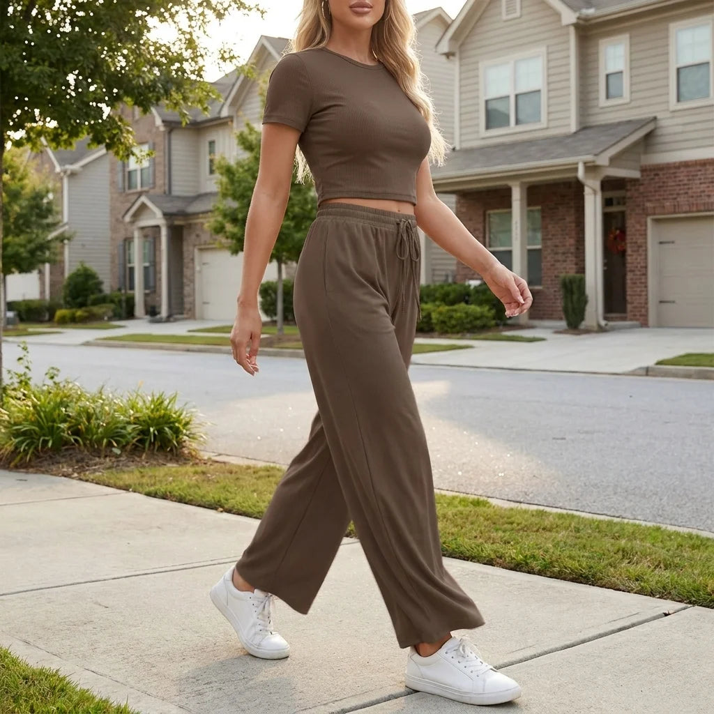 Mavelle Soft Wide-Leg Lounge Set – round neckline