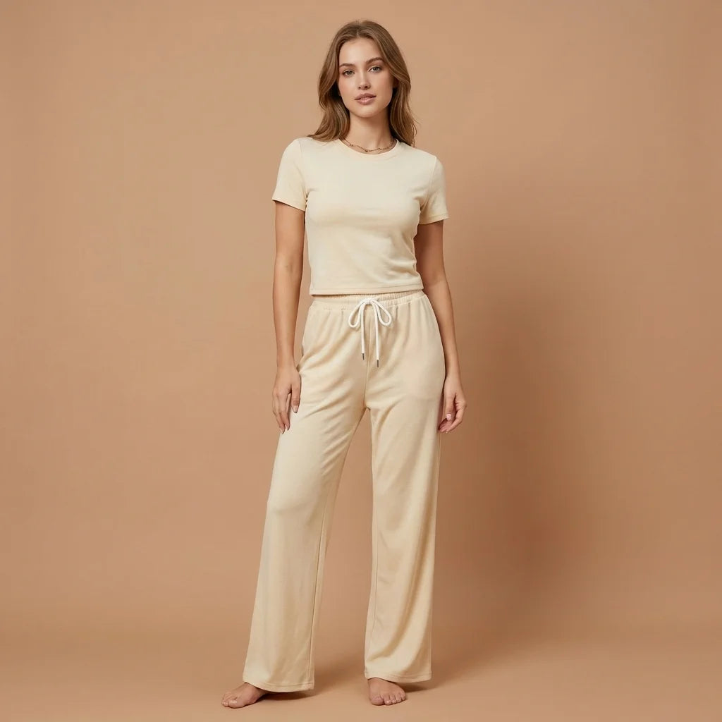 Mavelle Soft Wide-Leg Lounge Set – round neckline