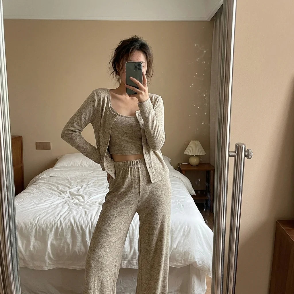 Serelle Three-Piece Lounge Set – straight-leg pants